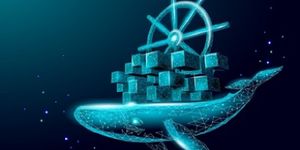 Whale and container computer docker developer app concept.