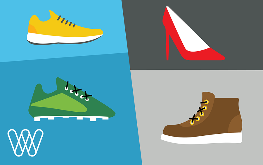 illustration of footwear: a running shoe, a high heel shoe, a soccer cleat, and a boot