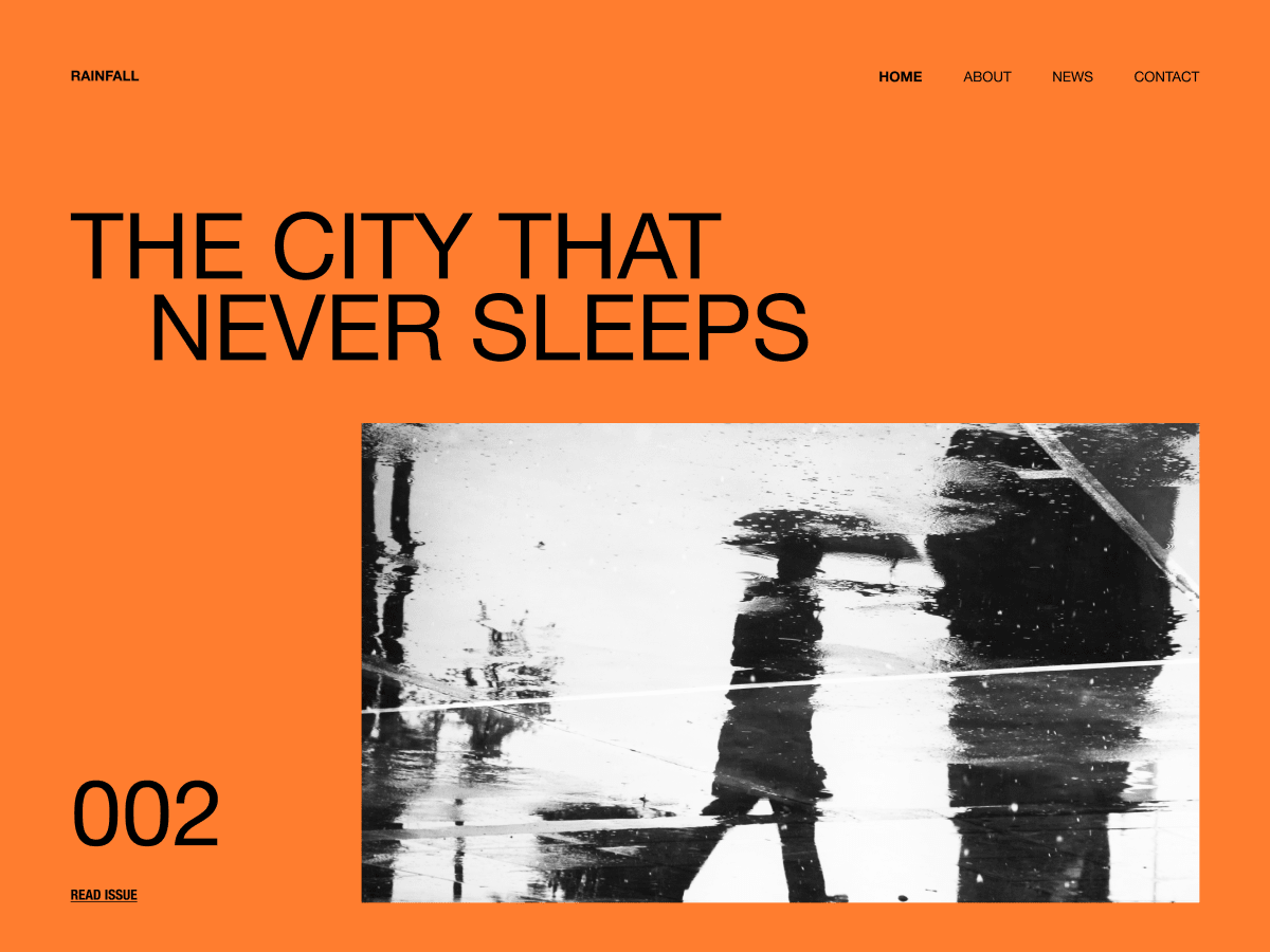 Rainfall is a clean, objective blogging theme strongly inspired by Swiss Design. Its minimalist functionality is balanced by a strong accent color, beautiful photography and post templates with sidebars.