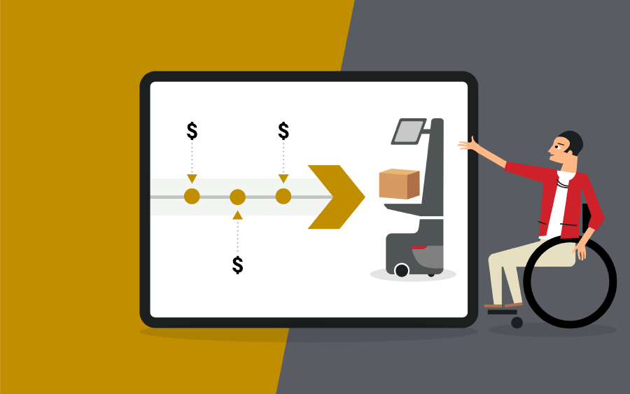 illustration of a person in a wheelchair pointing to a large monitor. the monitor shows a process line with dots and dollar signs ultimately pointing to locusbot fulfillment robot