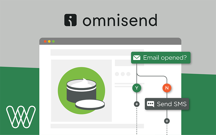 illustration of a browser window with marketing email and SMS flow. above is the omnisend logo.