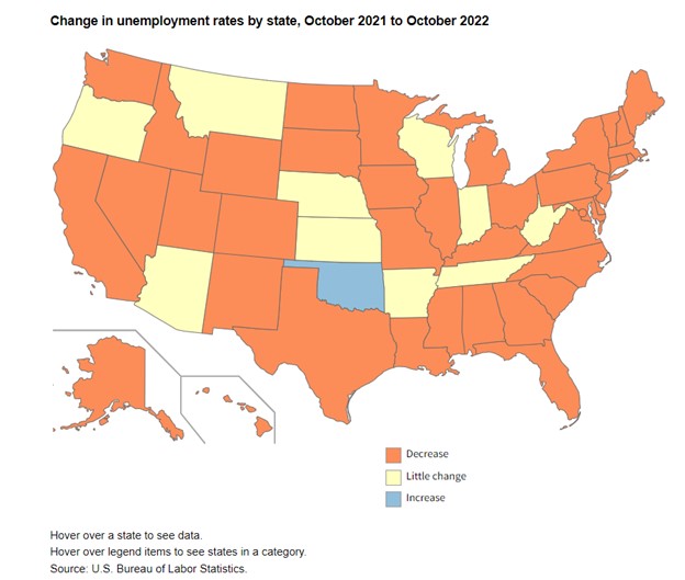 U.S. map showing change in unemployment rates by state, October 2021 to October 2022