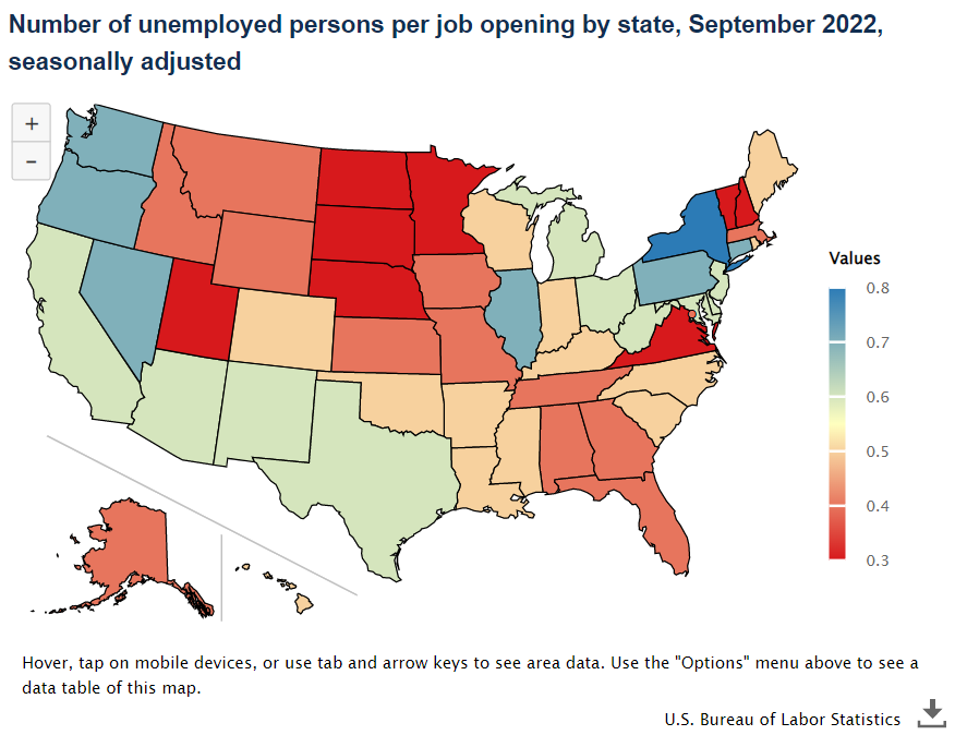 U.S. map showing number of unemployed persons per job opening by state, September 2022, seasonally adjusted