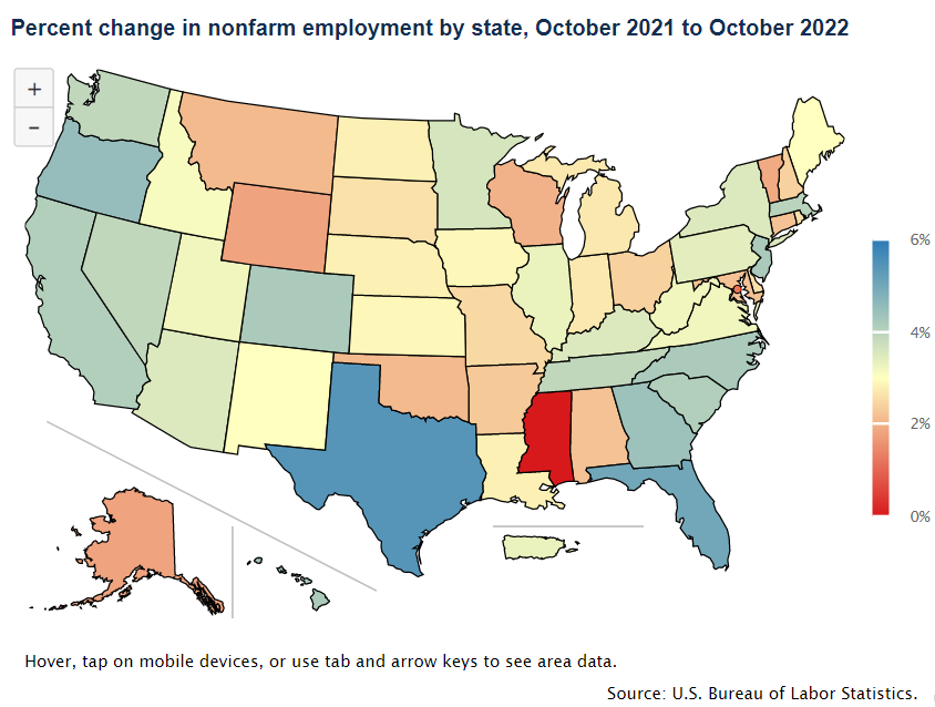 U.S. map showing change in nonfarm employment by state, October 2021 to October 2022, seasonally adjusted