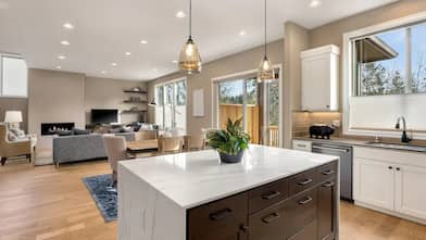 A kitchen and living room interior