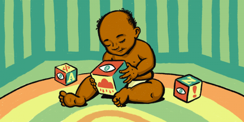 baby in crib plays with spying toy blocks