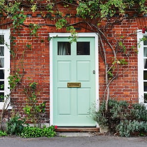 closeup of home exterior with brick walls, green front door, and two windows on either side, as well as plants around doorway