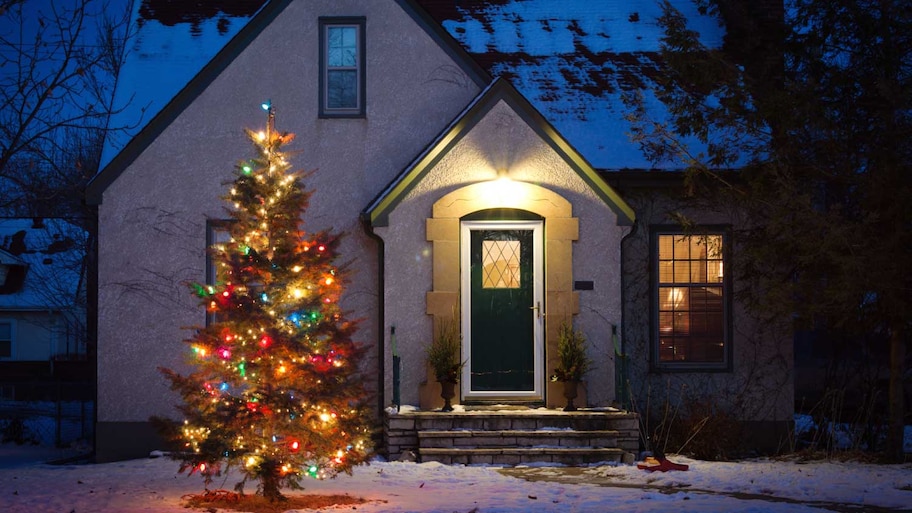 Christmas tree outside a house at night