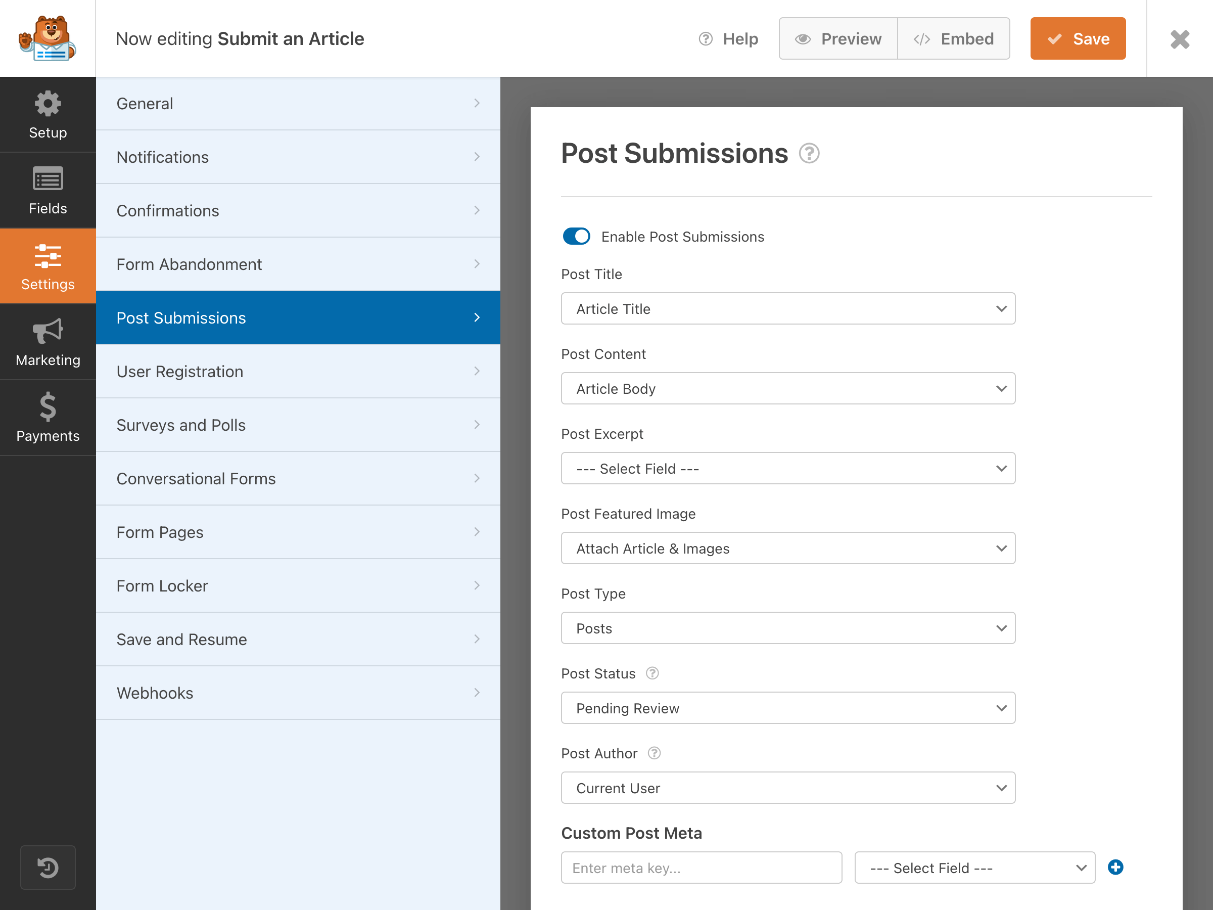 Post Submission Settings