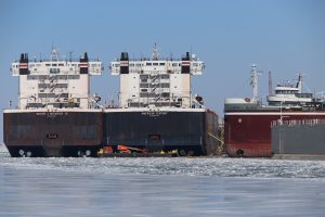 Cargo ships laid up for winter maintenance in Sturgeon Bay, Wisconsin