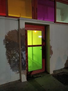 Colored glass panels at a building in Thessaloniki port