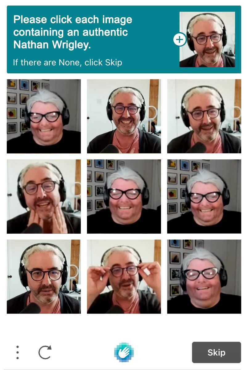 A Captcha screen shot that says "Please click each image containing an authentic Nathan Wrigley. If there are None, click Skip." Then the images are of Nathan or Michelle dressed as Nathan.