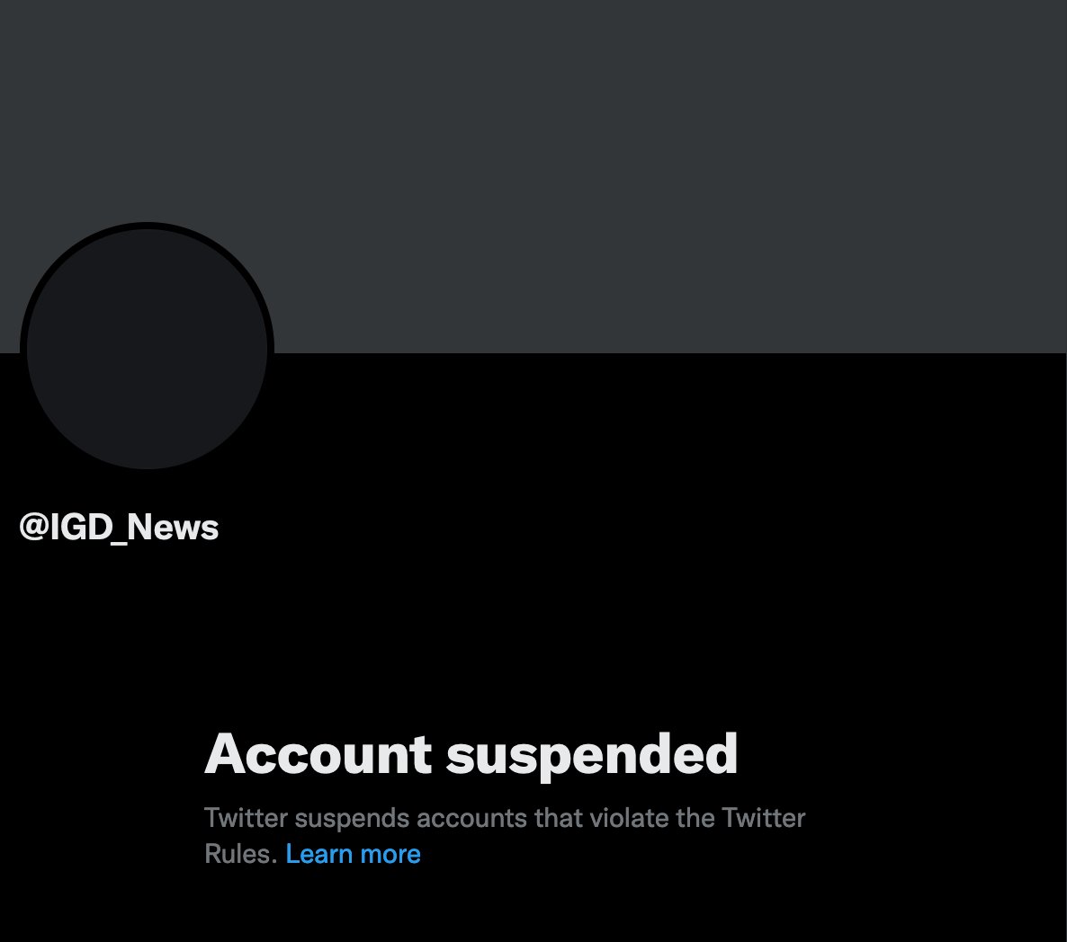 Screenshot showing that IGD is suspended on Twitter