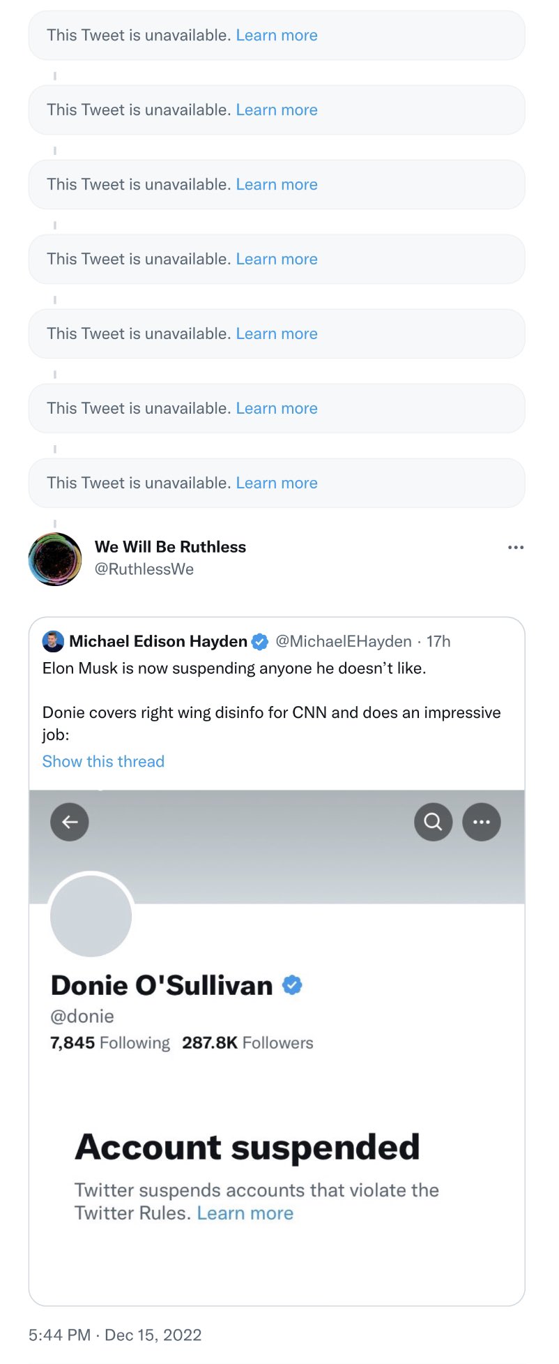 A screenshot of the original thread showing that 7 tweets have been removed and replaced with a message that reads: “This Tweet is unavailable. Learn more”