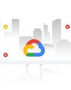 Google Cloud logo set against a city skyline