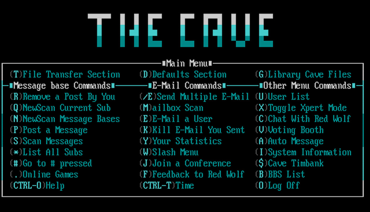 The original Cave BBS main menu, designed by Radon.