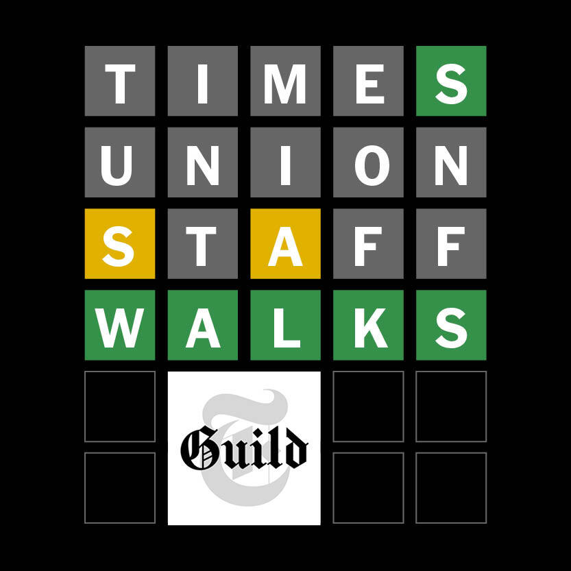 An image of an attempt to solve a Wordle puzzle with a combination of  Times, Union, Staff, Walks and an @NYTimesGuild logo.