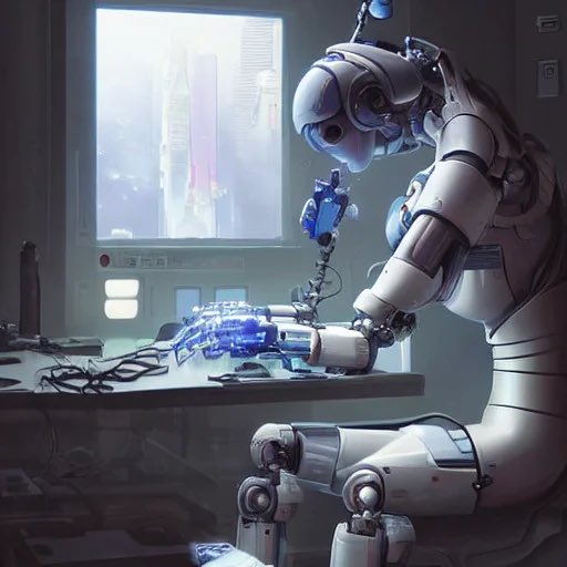 Prompt: cyberpunk robot repairing an android in a lab, concept art, fine details, Anime, cinematic lighting, ghost-in-the-shell, cyberpunk,sci-fi, fantasy, intricate, elegant, highly detailed, digital painting, artstation, concept art, smooth, sharp focus, illustration, art by artgerm and greg rutkowski