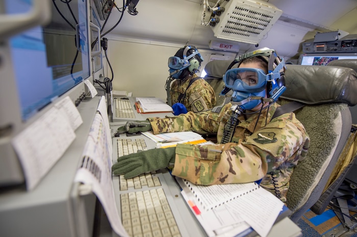 1st Lt. Sheldon Lee, 169th Air Defense Squadron air battle manager, operates an electronic training system Oct. 1, 2022, at Wheeler Army Air Field, Hawaii. Lee was named the overall champion of a career-field-wide training competition utilizing an artificial intelligence-based training platform that simulates the activities of an air-to-air engagement and serves as a cost-effective means for users to develop their command-and-control competencies