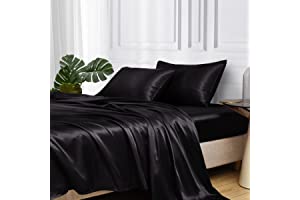 MR&HM Satin Bed Sheets, Queen Size Sheets Set, 4 Pcs Silky Bedding Set with 15 Inches Deep Pocket for Mattress (Queen, Black)