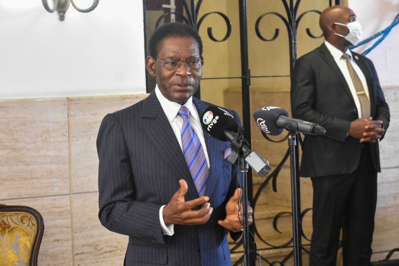 Equatorial Guinea's President Teodoro Obiang Nguema Mbasogo speaks after casting his ballot at the polling station of the former Ministry of Foreign Affairs in Malabo during Equatorial Guinea's presidential, legislative and municipal elections on November 20, 2022.