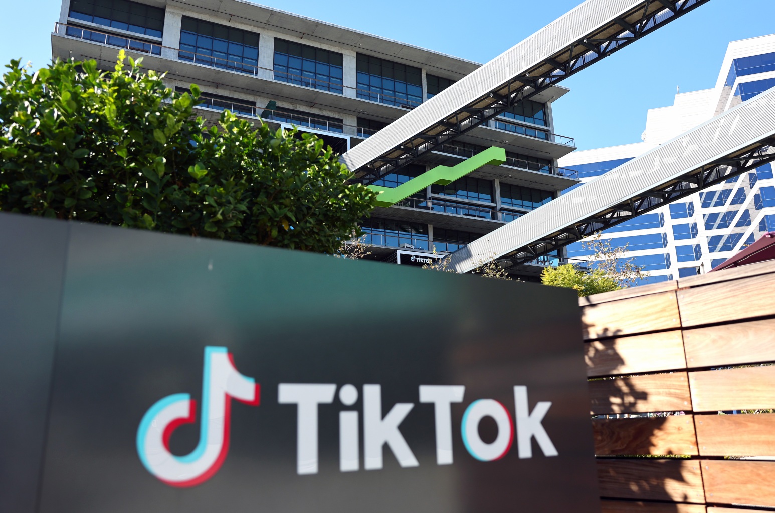 The TikTok logo is displayed outside a TikTok office in Culver City, California.