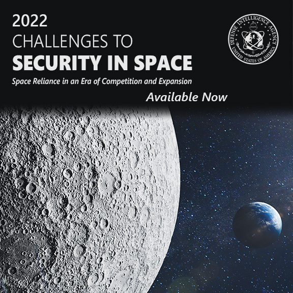 Feature graphic showing the moon in the middle with the Earth on the right. Main title on left side. 2022 Challenges to Security in Space. Sub title. Space reliance in an Era of competition and expansion. Available Now