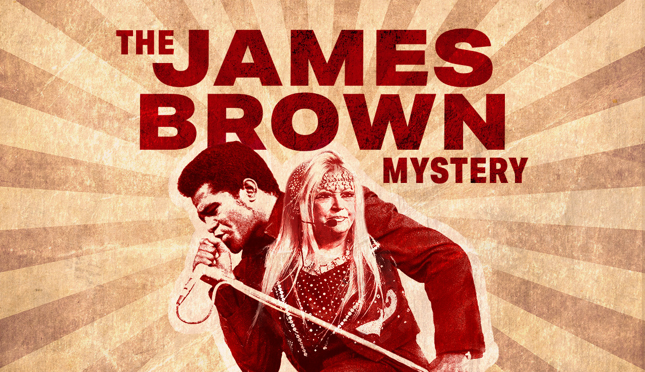The James Brown Mystery cover art. A collage of James Brown and Jacquelyn Hollander performing.