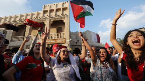 DOHA, QATAR - DECEMBER 17: Fans of Morocco show their support ahead of the FIFA World Cup Qatar 2022 3rd Place Match between Croatia and Morocco at Souq Waqif of Doha, Qatar on December 17, 2022.