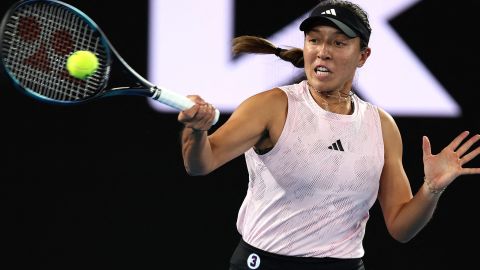 Jessica Pegula of the US hits a return against Belarus' Aliaksandra Sasnovich during their women's singles match on day three of the Australian Open tennis tournament in Melbourne on January 18, 2023. - -- IMAGE RESTRICTED TO EDITORIAL USE - STRICTLY NO COMMERCIAL USE -- (Photo by Martin KEEP / AFP) / -- IMAGE RESTRICTED TO EDITORIAL USE - STRICTLY NO COMMERCIAL USE -- (Photo by MARTIN KEEP/AFP via Getty Images)