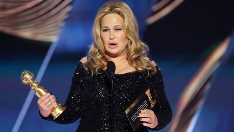 This image released by NBC shows Jennifer Coolidge accepting the Best Actress in a Limited or Anthology Series or Television Film award for "The White Lotus" during the 80th Annual Golden Globe Awards at the Beverly Hilton Hotel on Tuesday, Jan. 10, 2023, in Beverly Hills, Calif. 