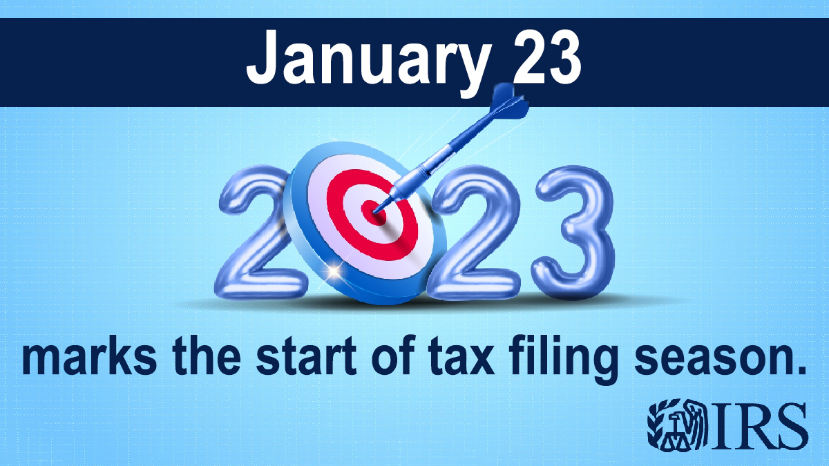 January 23 2023 marks the start of tax filing season. IRS logo – 2023 has a bullseye in place of the zero.