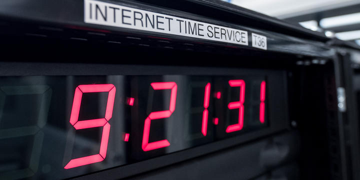 Close-up, cropped view of display of one of the NIST time server boxes