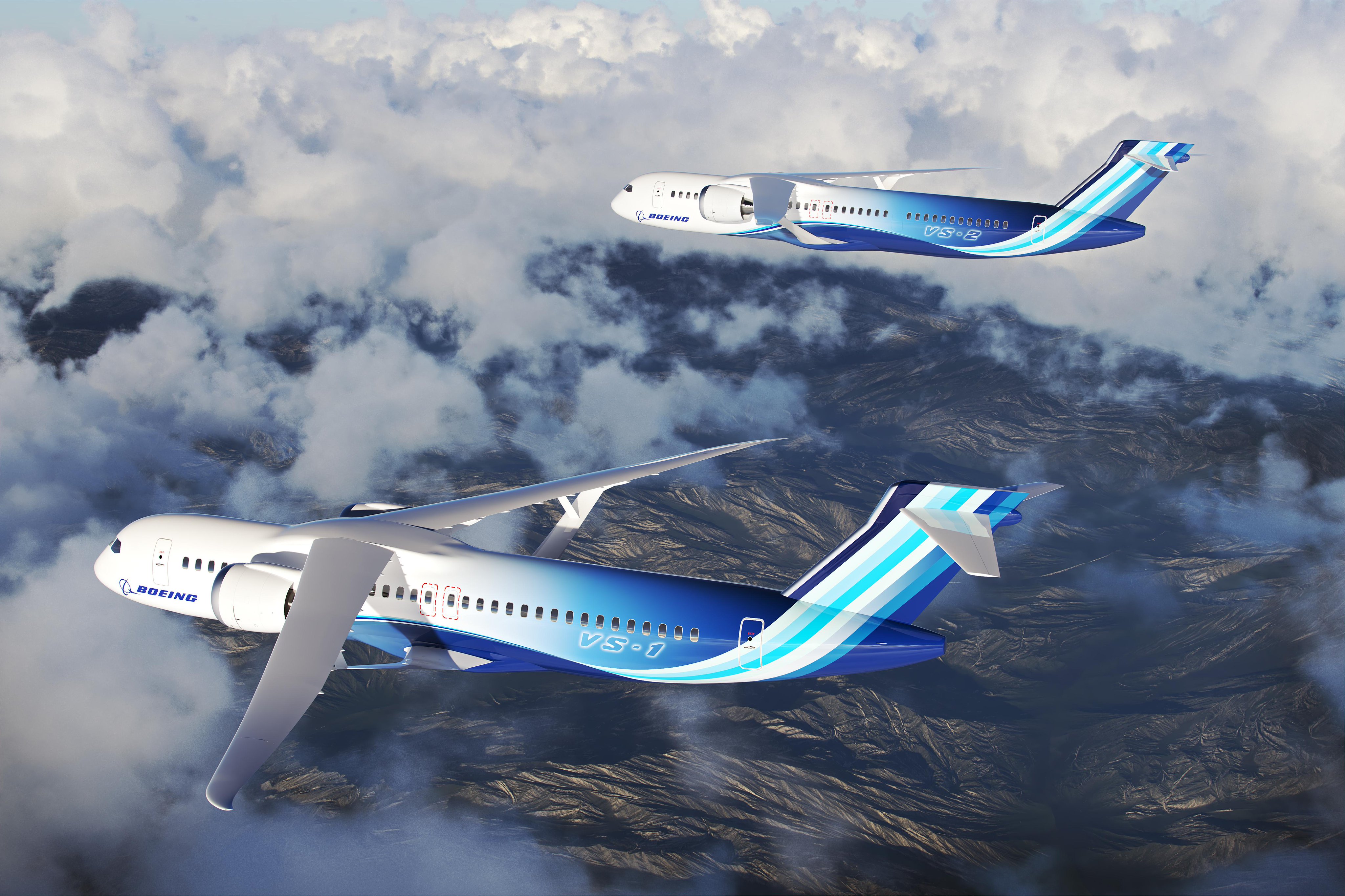 Alt text: Artist concept of commercial aircraft families with a Transonic Truss-Braced Wing configuration from the Sustainable Flight Demonstrator project. Two Boeing aircraft fly through the cloudy sky painted white and blue. Credit: Boeing