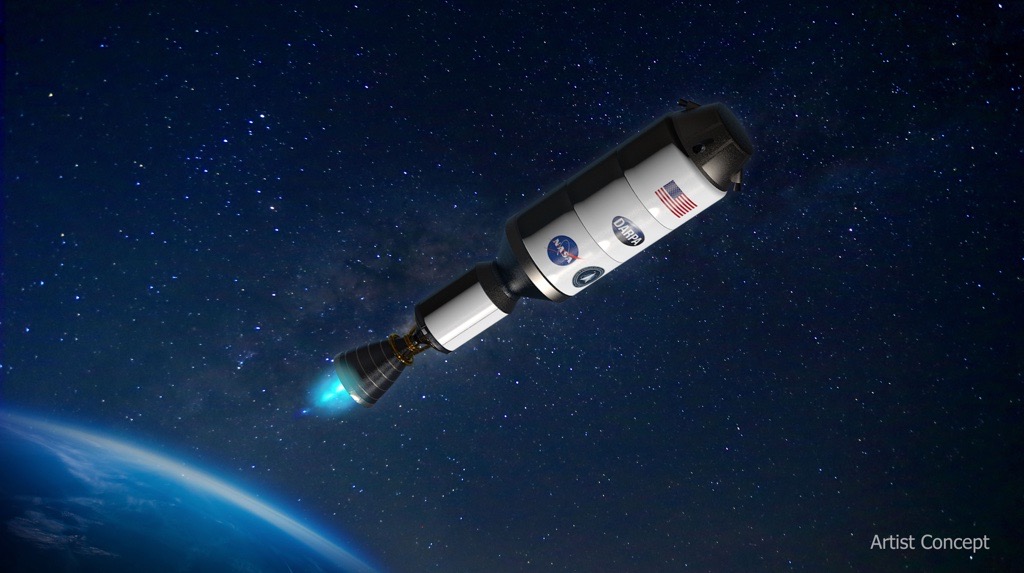 Artist concept of the Demonstration for Rocket to Agile Cislunar Operations (DRACO) spacecraft, utilizing a nuclear thermal rocket engine flying through space. The background of the image is a visualization of stars in the far distance with the Earth's horizon visible in the bottom left of the image.

Credit: DARPA