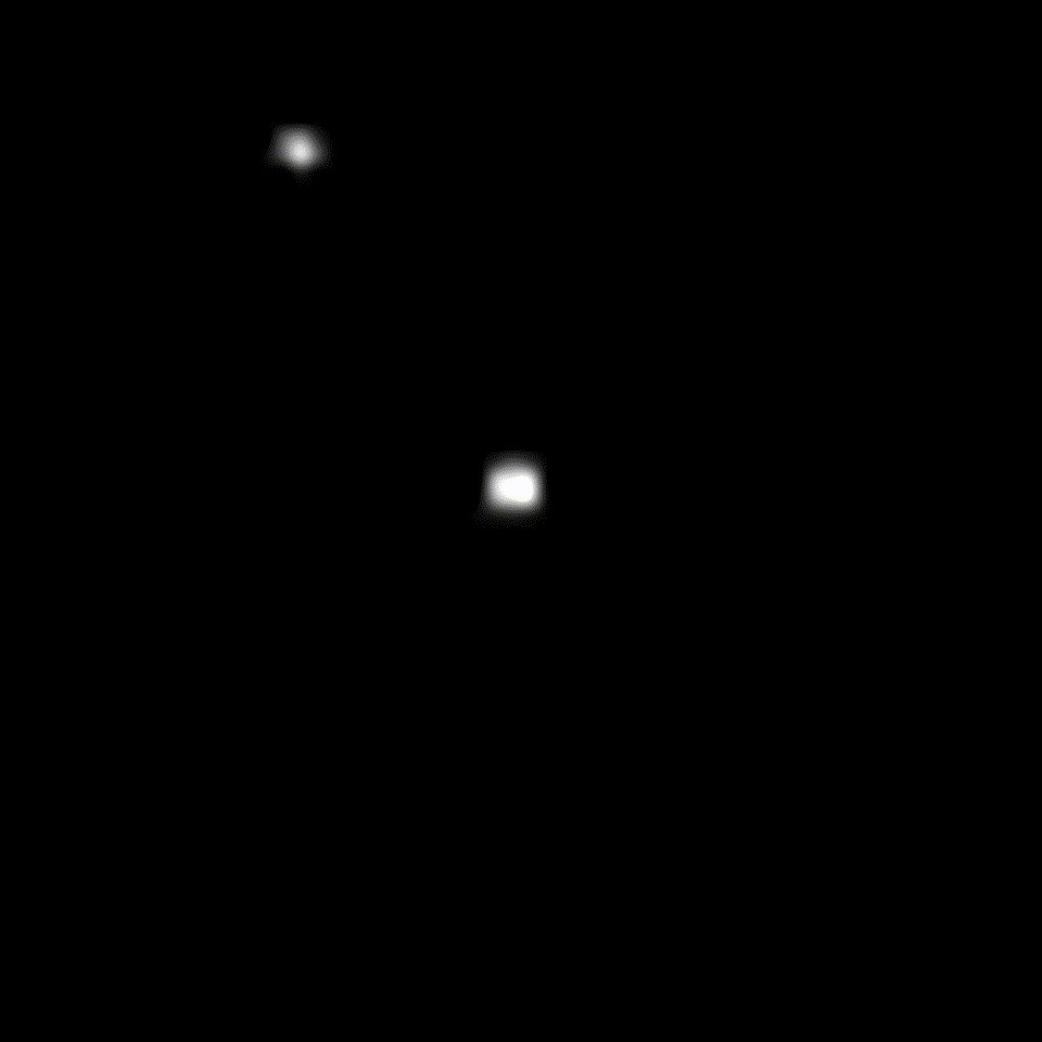 In the middle of a black background, a glowing white object seems to pulse with each image frame. The object, a star, is mostly round with tiny juts of light pulsing out from its edges. Another bright white object, Chariklo, travels in toward the center from the 11 o’clock position. Chariklo is smaller and slightly less bright than the star. It crosses diagonally across the image, passing directly in front of its star and moving toward the 5 o’clock position.