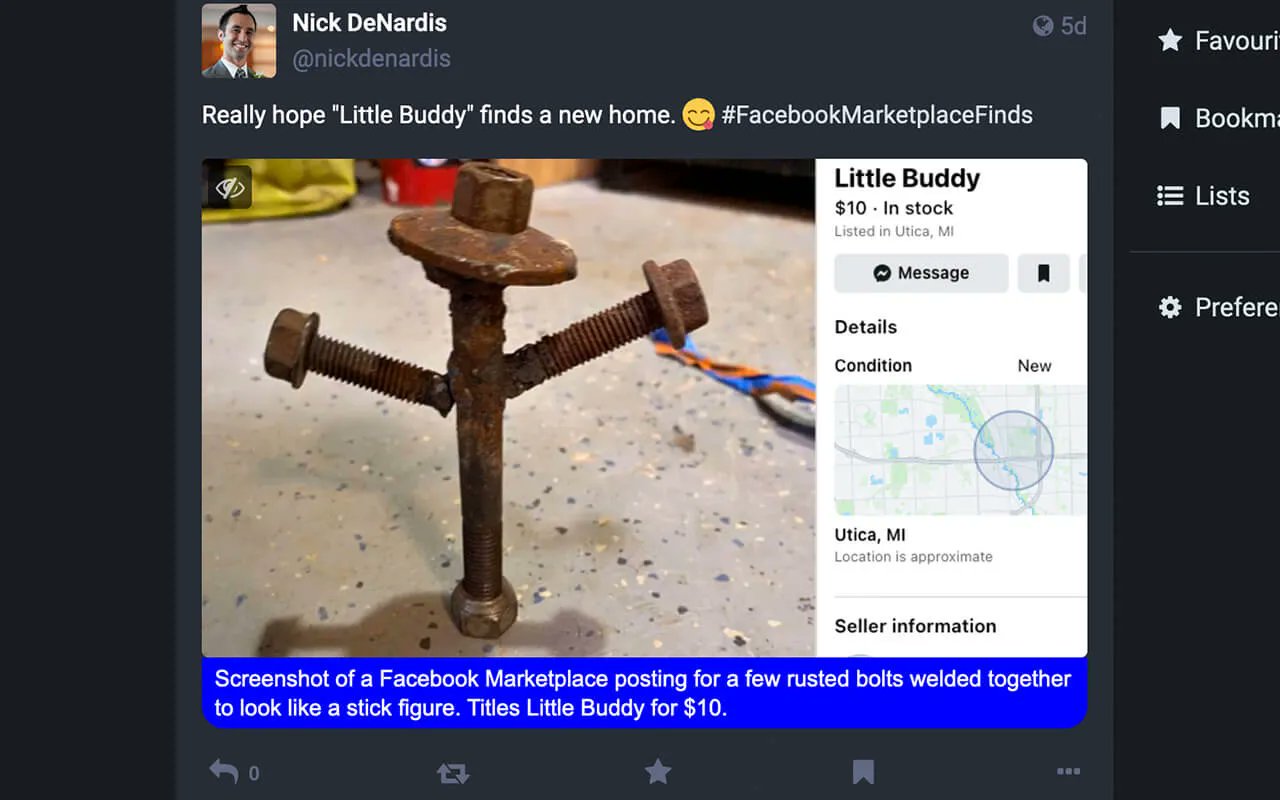 Screenshot of a MAstodon post with alt text visible below the image