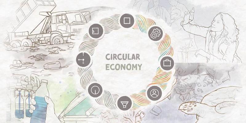 Circular economy illustration has a circle with images of a dump, a scientist, a sea turtle, a water bottle. 