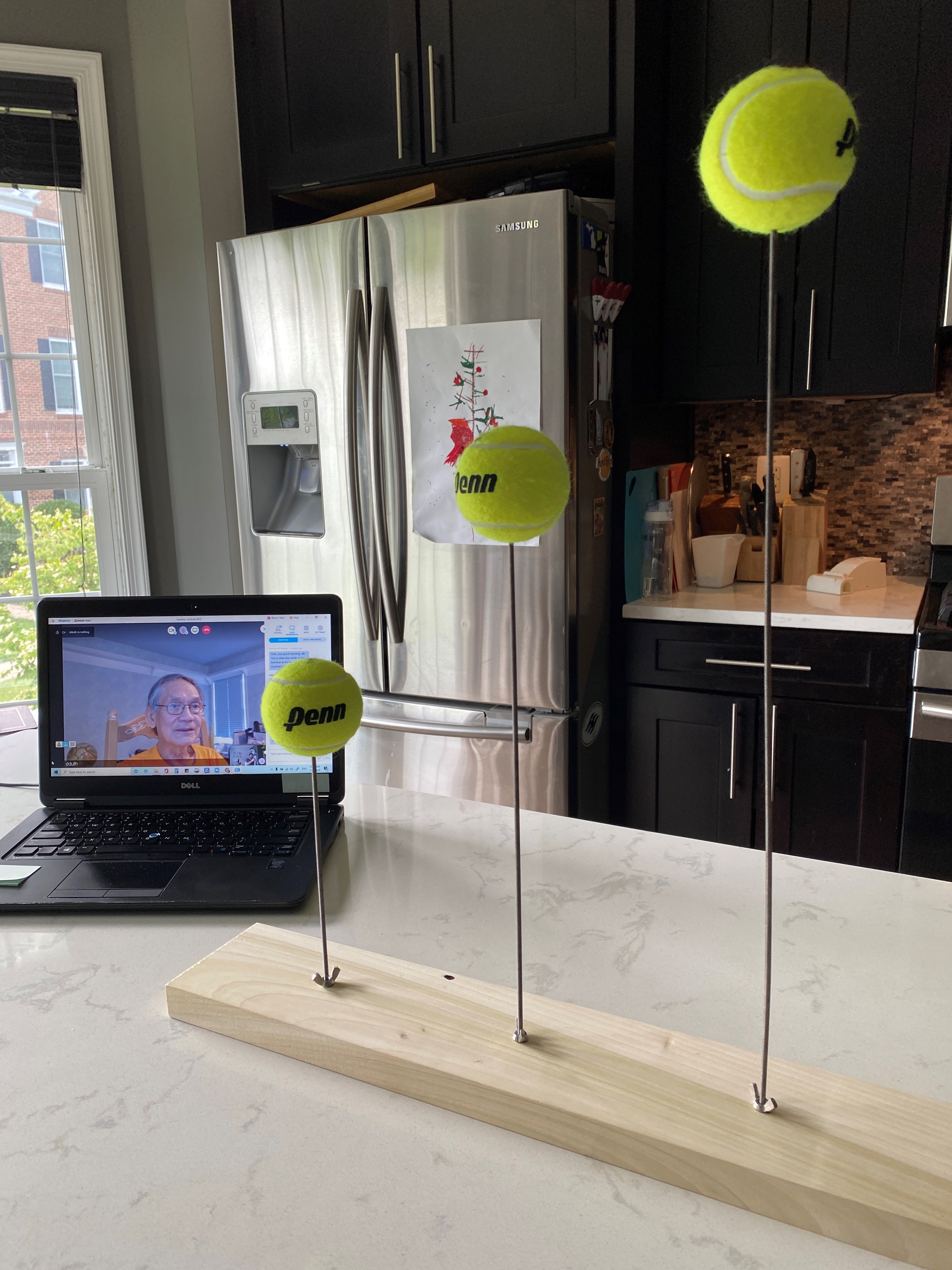 Three tennis balls attached to poles of differing sizes. A laptop sits on the counter next to the contraption.