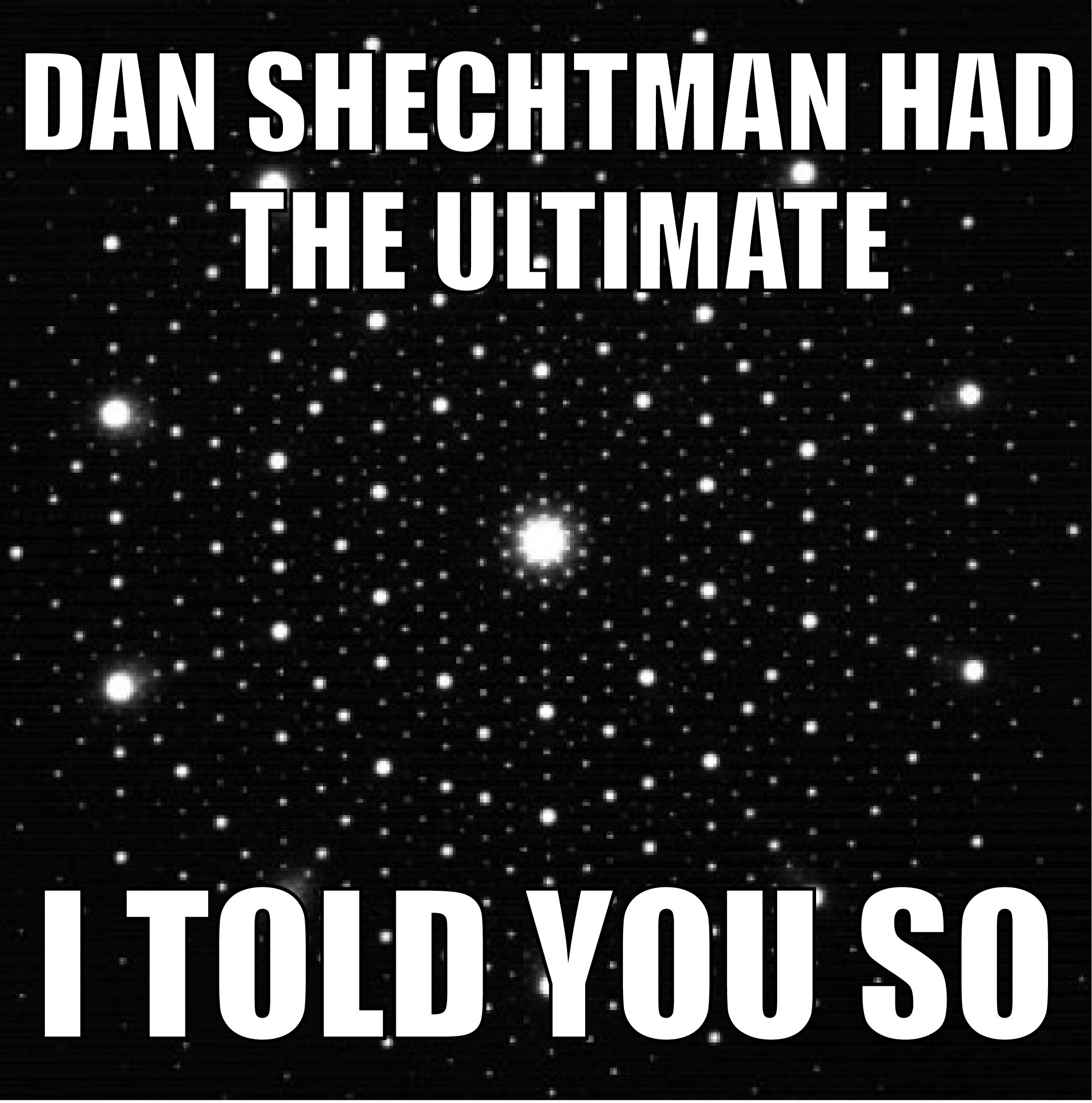A pattern of white dots against a black background, with the dots extending outward from a large, central point. Text reads: "Dan Shechtman had the ultimate 'I told you so.'"