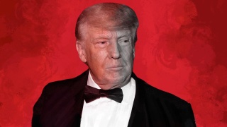 Photo illustration of red-toned Donald Trump with some color fade on a textured, swirly red background.