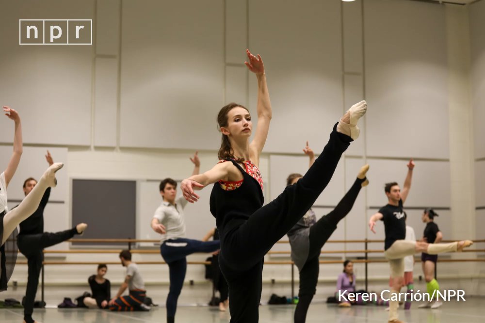 Iryna Zhalovska and other dancers with The United Ukrainian Ballet train at The Kennedy Center. The company is performing Giselle there this week. Keren Carrión/NPR