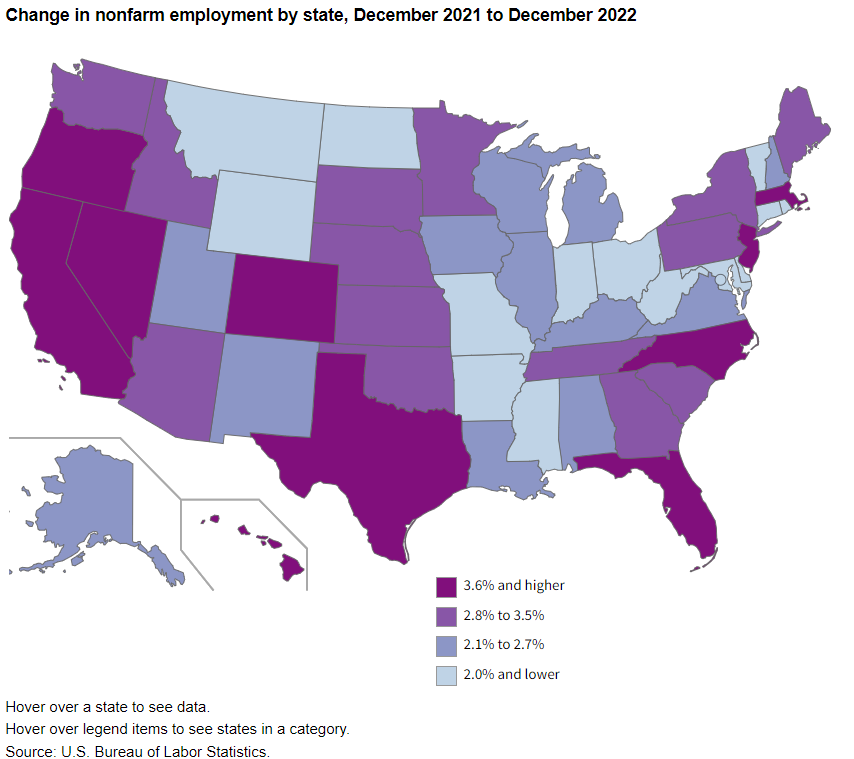 Change in nonfarm employment by state, December 2021 to December 2022