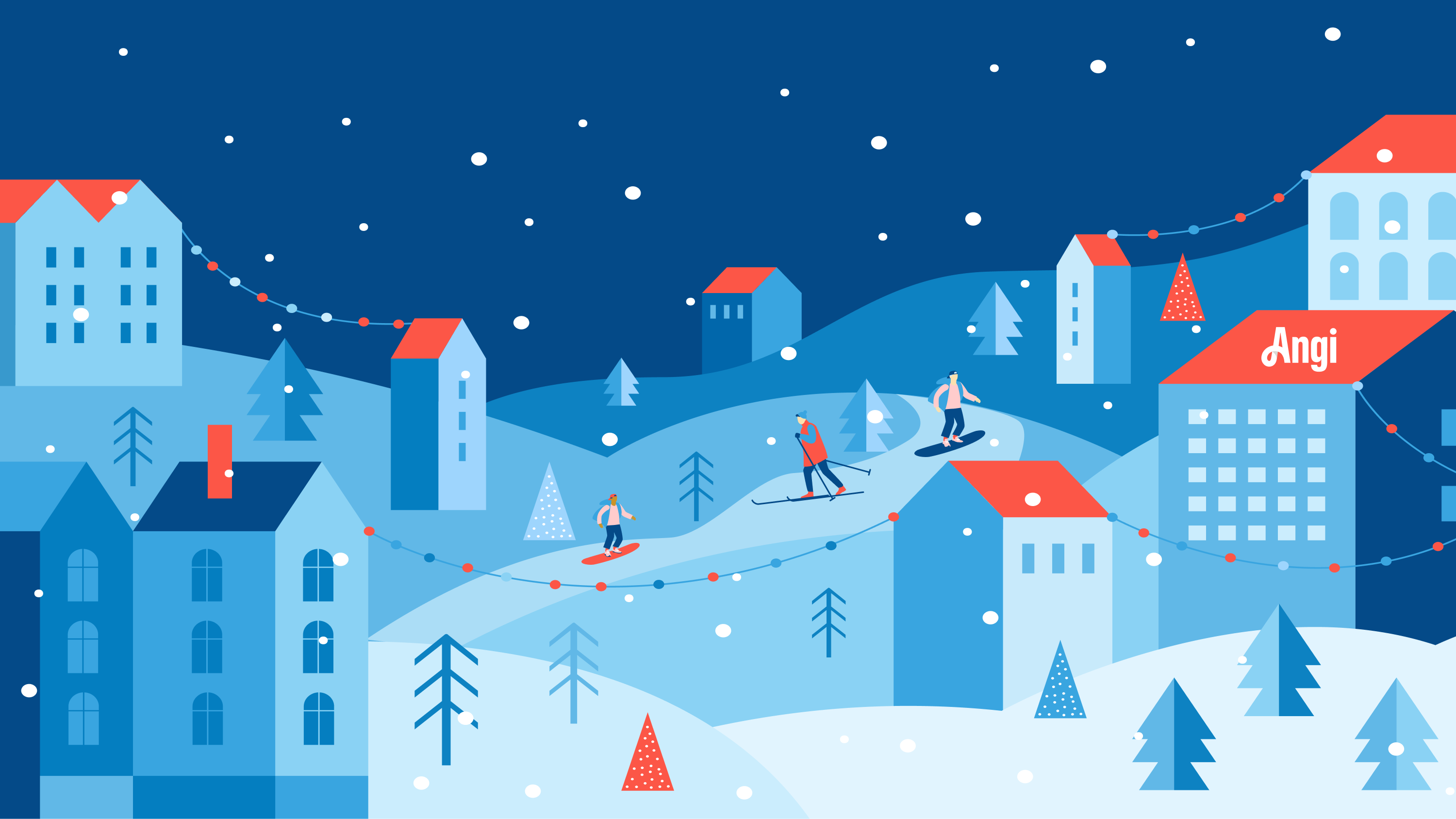 Infographic showing a snowy city with people snowboarding on the hills.