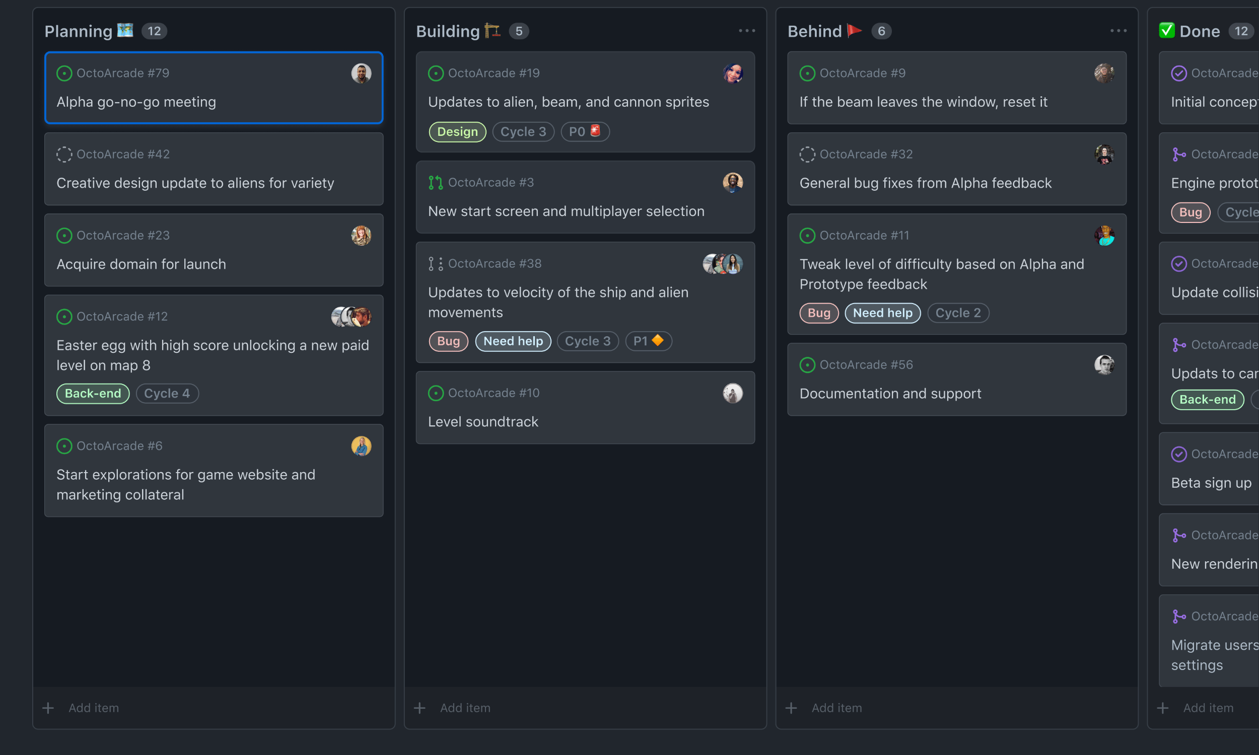 Illustration of a classic kanban board project. Cards are sorted in 4 columns based on their status, in a view called 'Current sprint.'