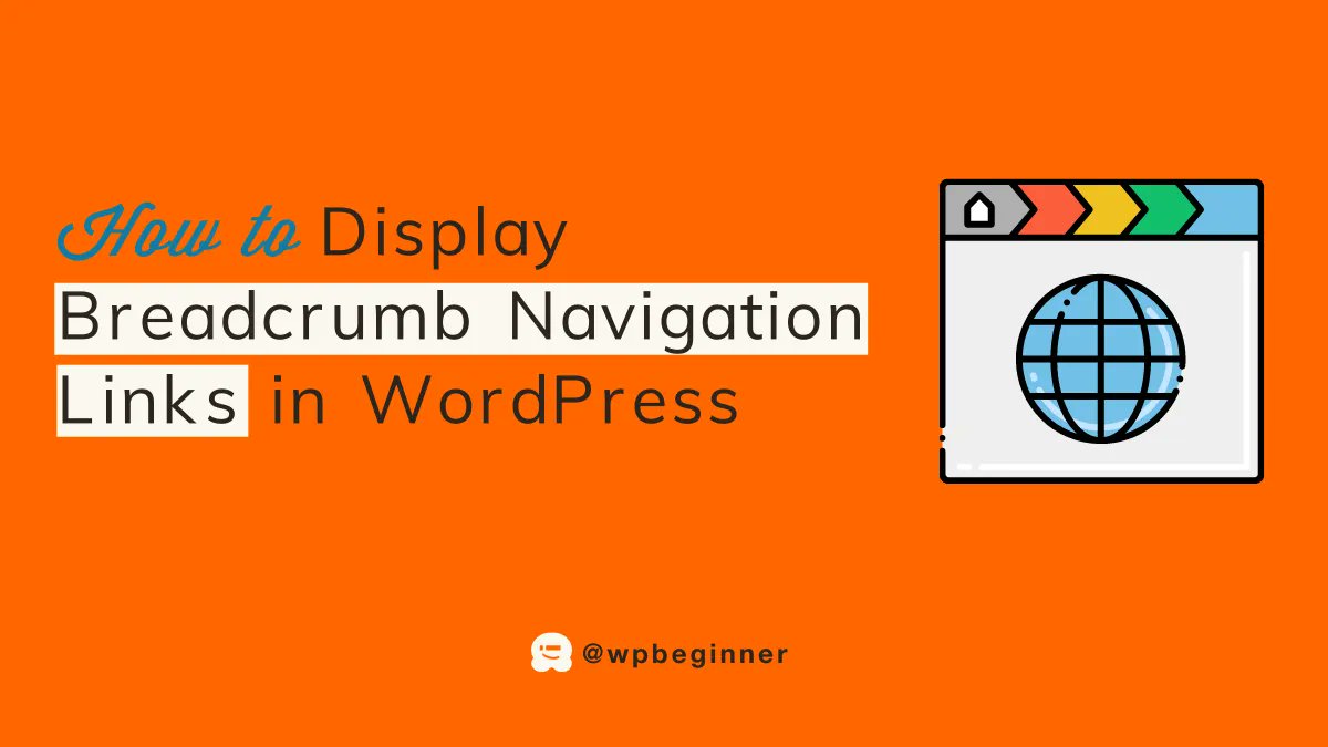 Title of the video: "How to Display Breadcrumb Navigation Links in WordPress" alongside an icon of breadcrumbs on a web page