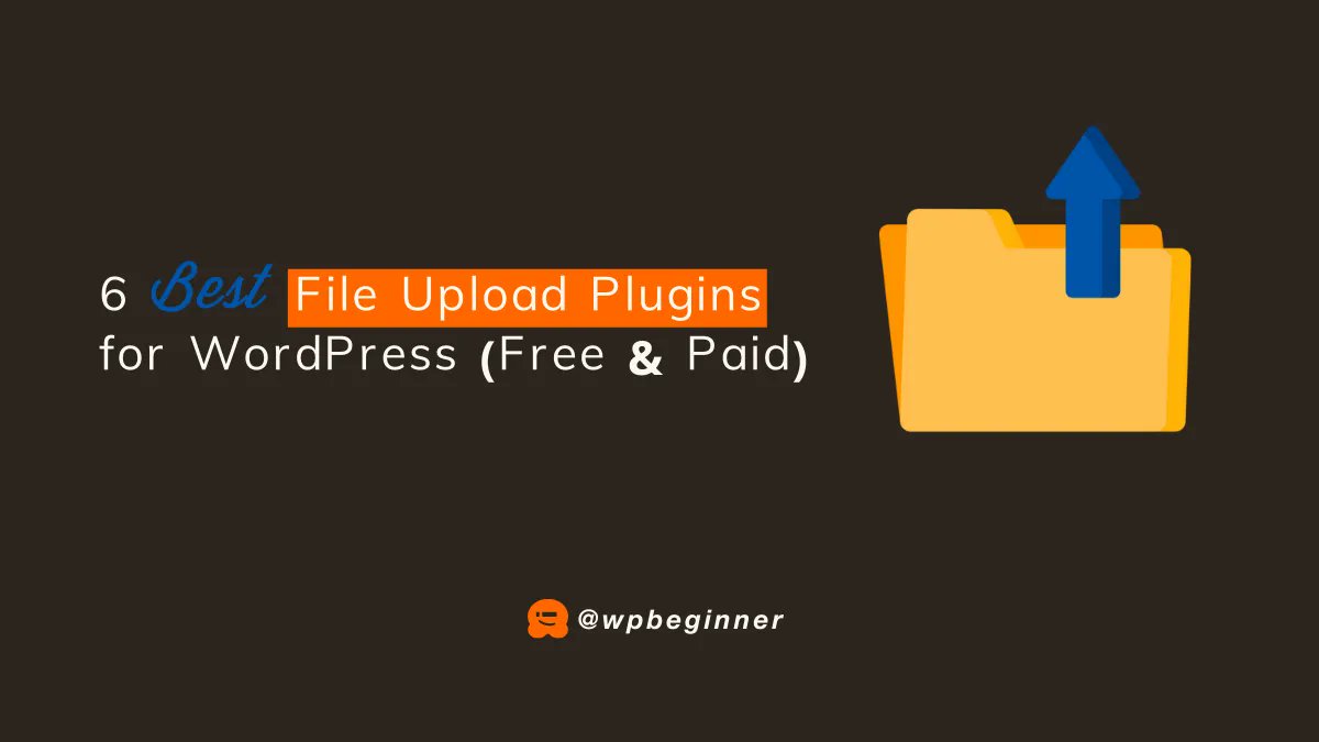 Title of the guide: "6 Best File Upload Plugins for WordPress (Free & Paid)" alongside an icon of a file being uploaded