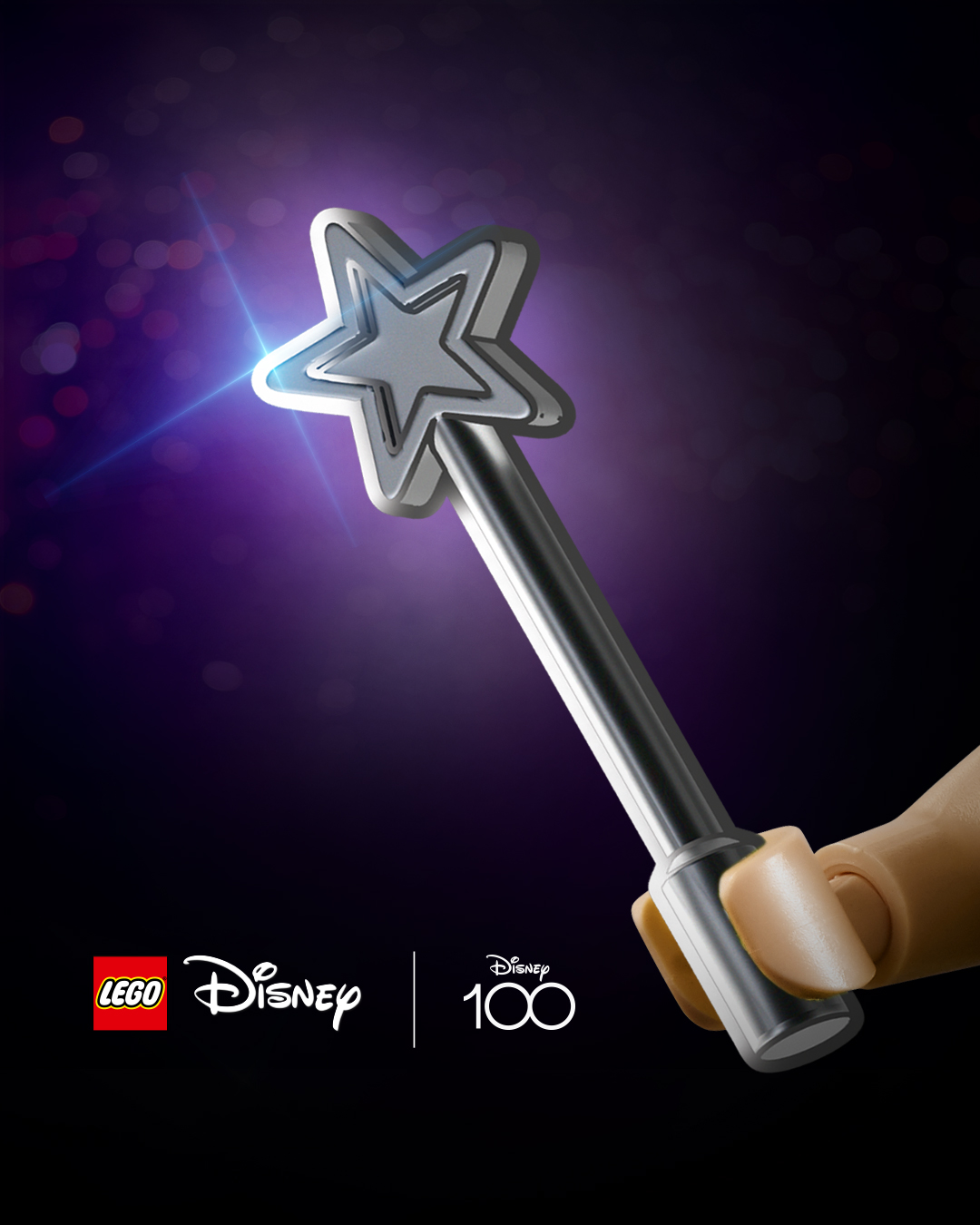 Graphic featuring a LEGO holding up a LEGO wand with logos for LEGO, Disney and Disney100