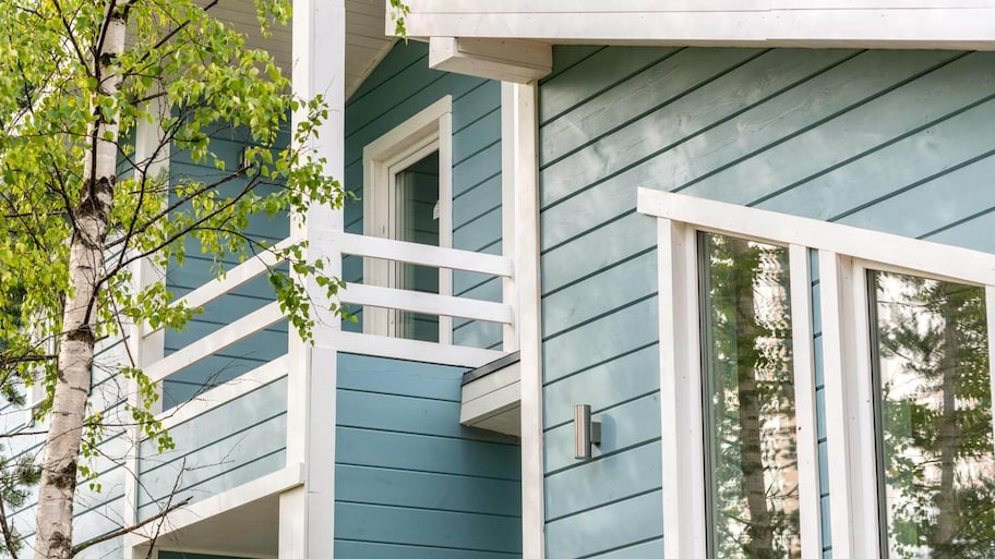 Close-up of a house’s synthetic wooden siding