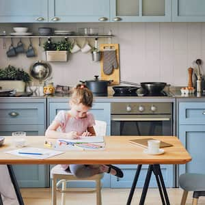 Big kitchen blue cabinet family table kid mom window